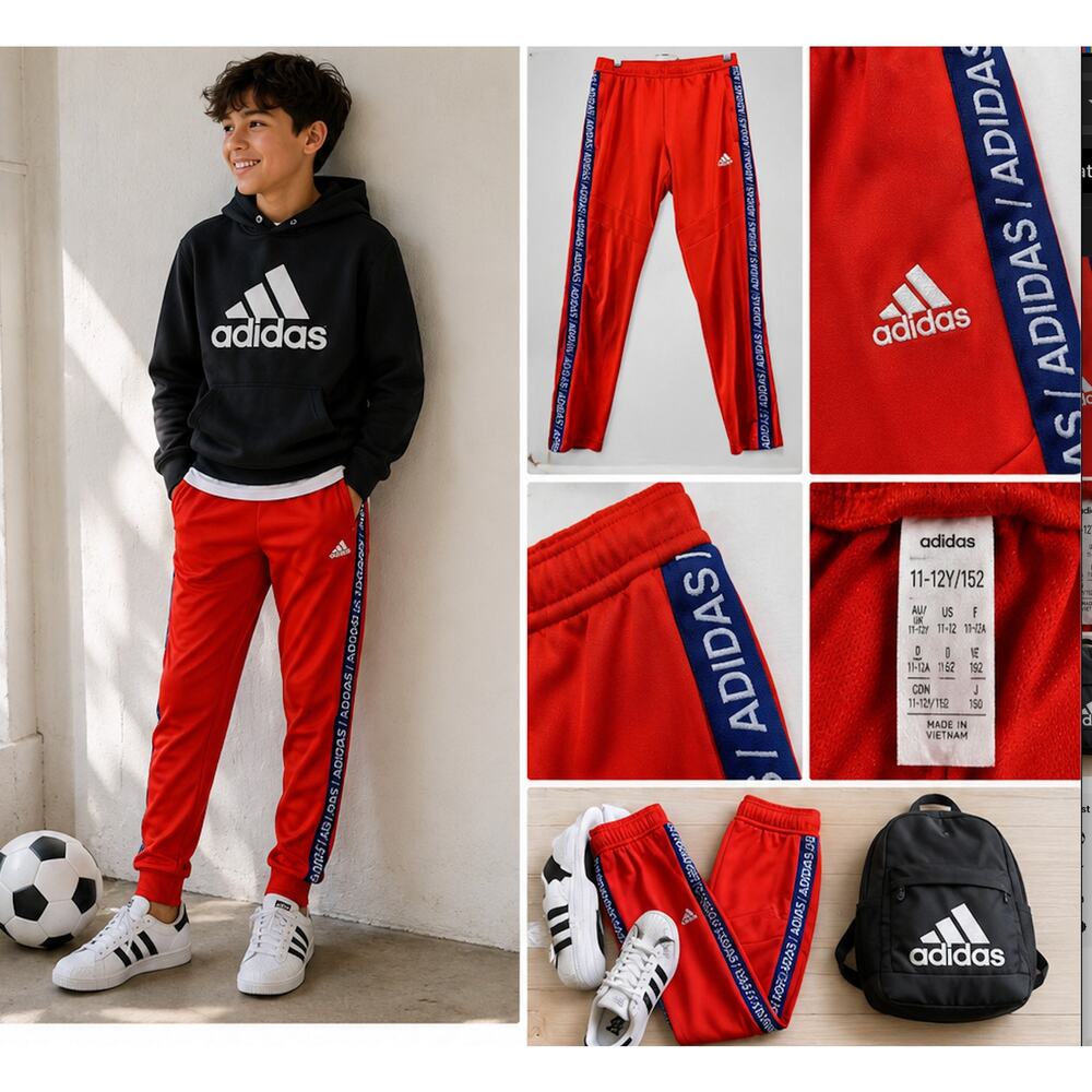 Adidas Youth Red Taper Track Pants Boys Girls Size 11-12 Joggers Athletic